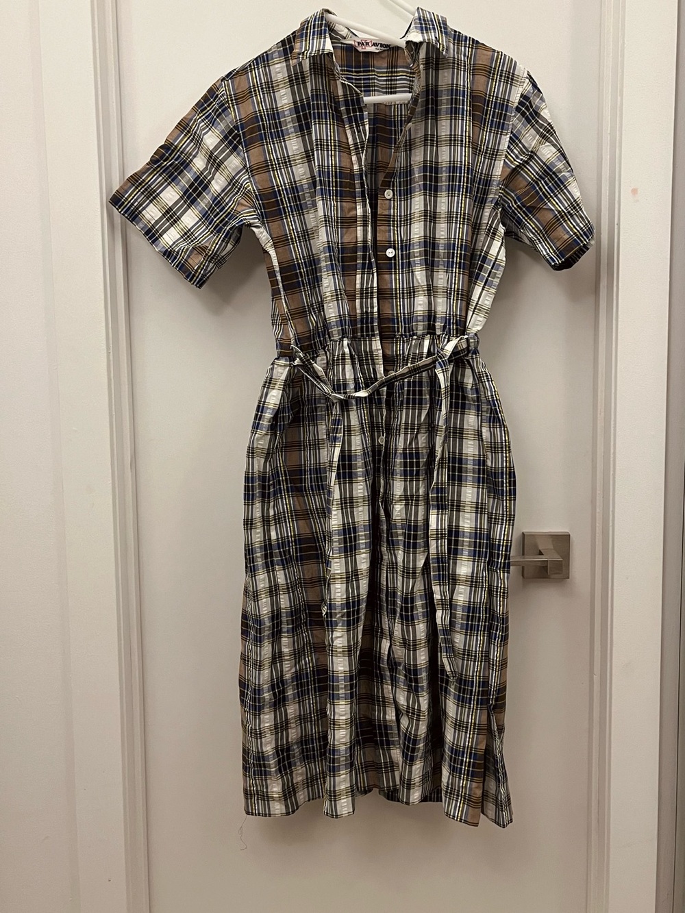 Plaid Short-Sleeve Shirt Dress with Waist Tie - Blue, Brown & White
